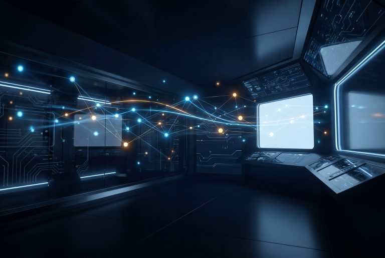 Futuristic AI agent network command center visualization